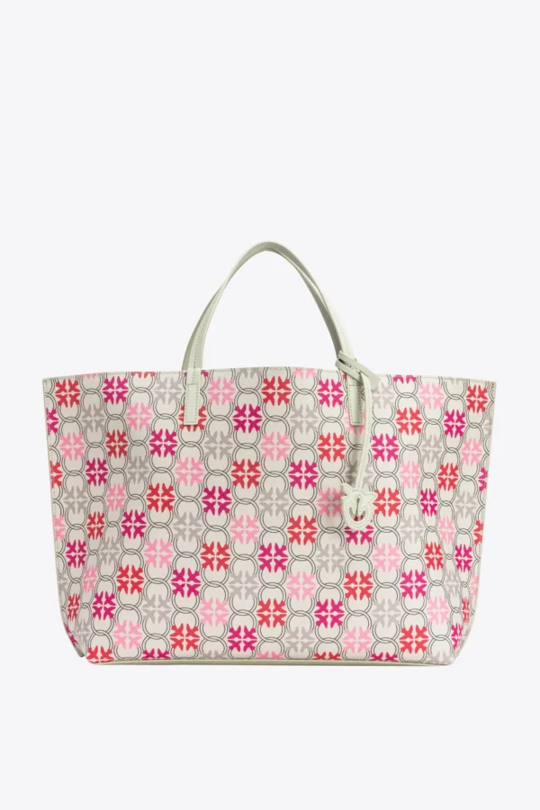 Love Birds Monogram Big Shopper Bag WHITE/FUCHSIA/RED-ANTIQUE GOLD