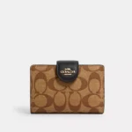 Coach Medium Corner Zip Wallet In Signature Canvas Gold/Khaki/Black