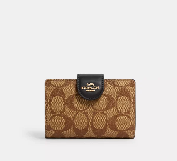 Coach Medium Corner Zip Wallet In Signature Canvas Gold/Khaki/Black