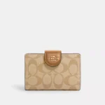 Coach Medium Corner Zip Wallet In Signature Canvas Gold/Light Khaki/Light Saddle