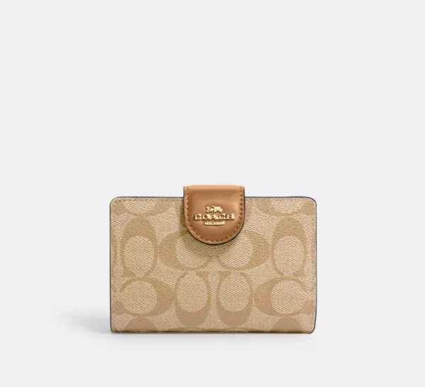 Coach Medium Corner Zip Wallet In Signature Canvas Gold/Light Khaki/Light Saddle