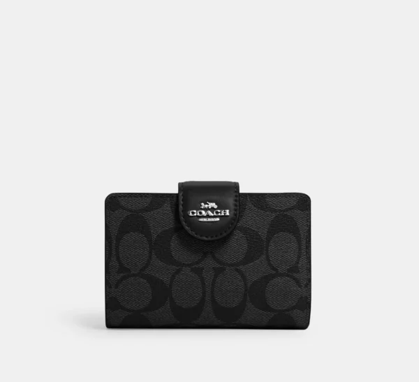 Coach Medium Corner Zip Wallet In Signature Canvas Silver/Graphite/Black
