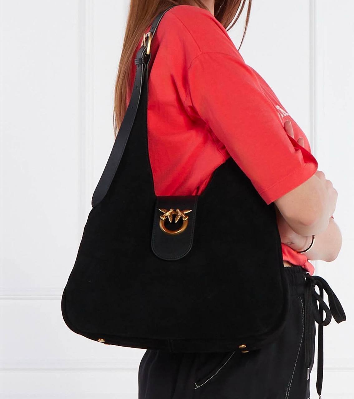 PINKO Mini Hobo Suede Bag Black - Image 8