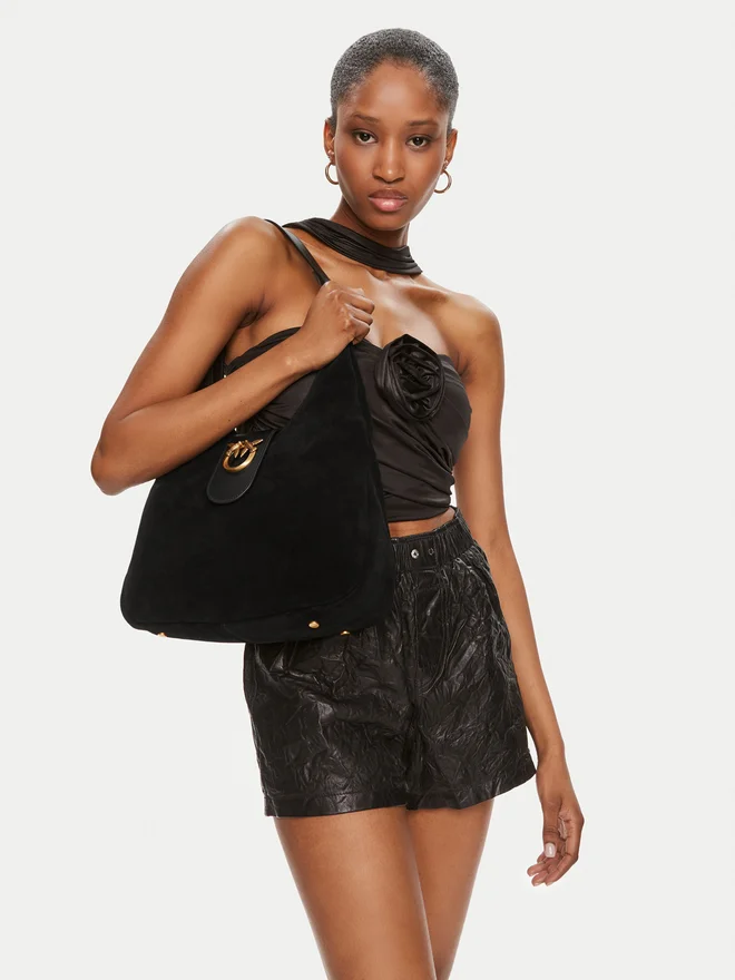 PINKO Mini Hobo Suede Bag Black - Image 5