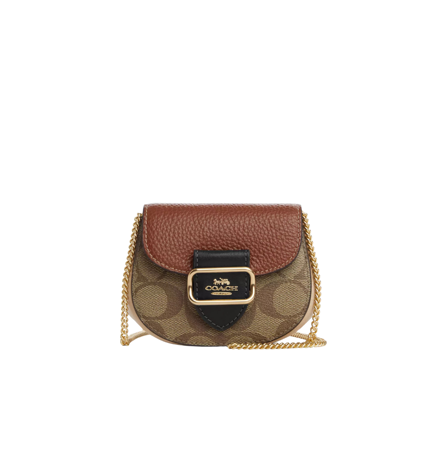 Coach Morgan Card Case On A Chain In Blocked Signature Canvas Light Khaki Redwood