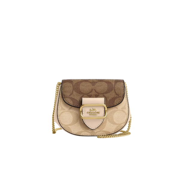 Coach Morgan Card Case On A Chain In Blocked Signature Canvas Light Khaki Ivory