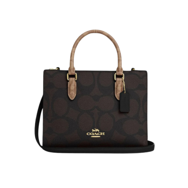 Coach Maggie Small Tote Bag In Blocked Signature Canvas Walnut Tan