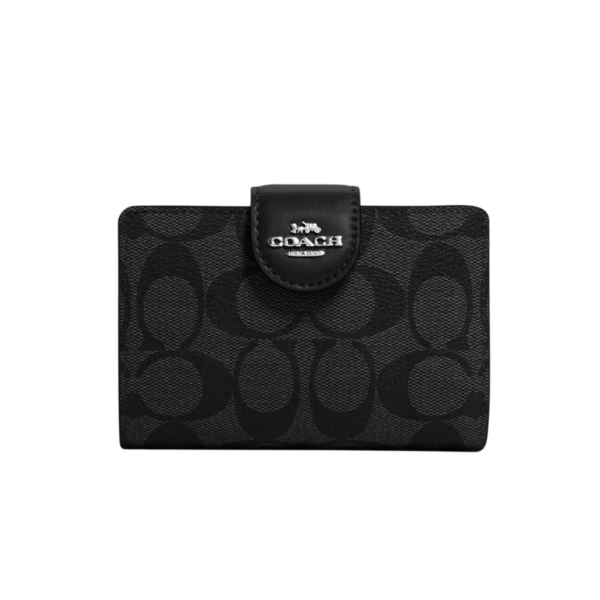 Coach Medium Corner Zip Wallet In Signature Canvas Silver/Graphite/Black