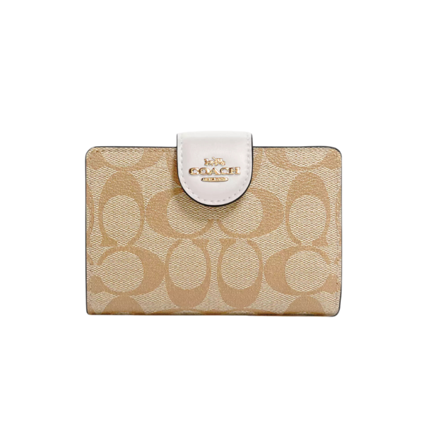 Coach Medium Corner Zip Wallet In Signature Canvas Gold/Light Khaki/Chalk