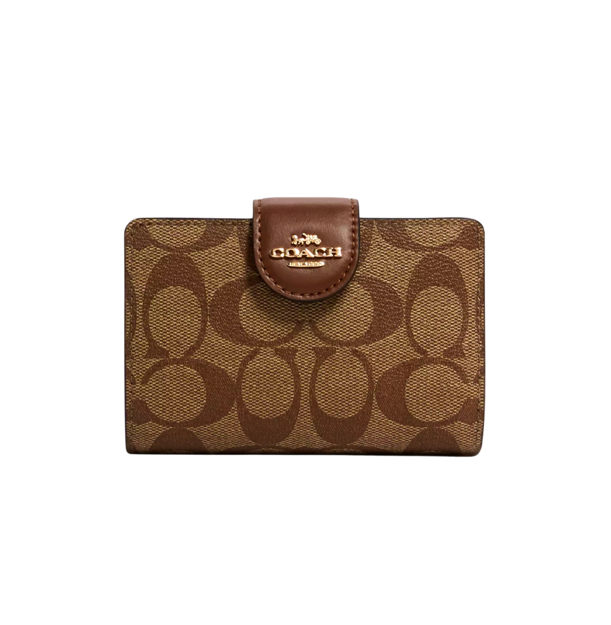 Coach Medium Corner Zip Wallet In Signature Canvas Gold/Khaki/Saddle