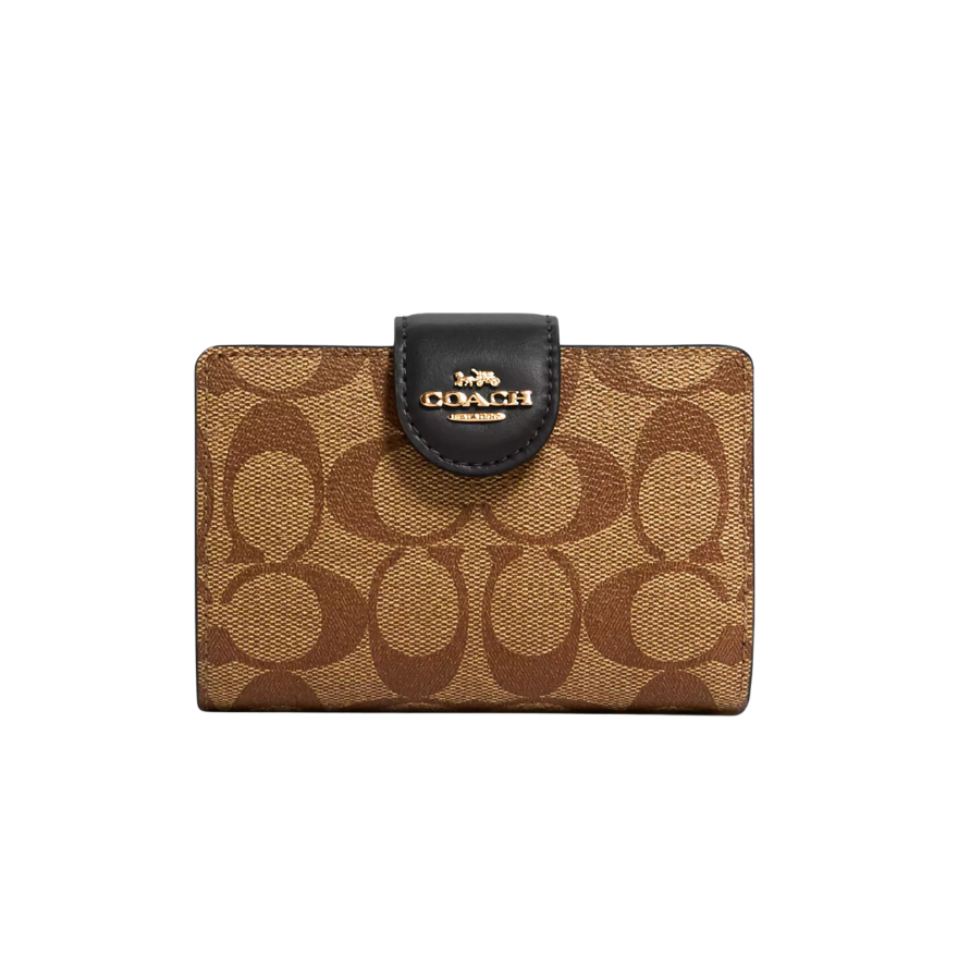 Coach Medium Corner Zip Wallet In Signature Canvas Gold/Khaki/Black
