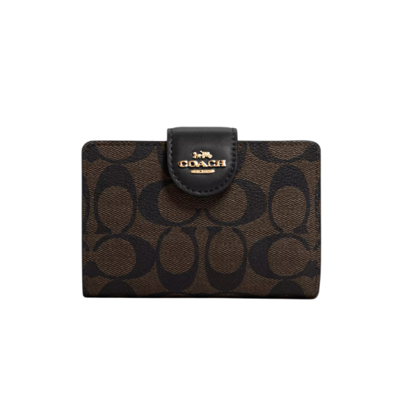 Coach Medium Corner Zip Wallet In Signature Canvas Gold/Brown/Black