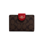 Coach Medium Corner Zip Wallet In Signature Canvas Gold/Khaki/1941 Red