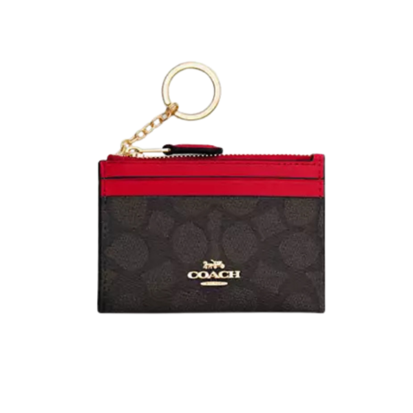 Coach Mini Skinny Id Case signature canvas/Gold/Walnut/Bold Red